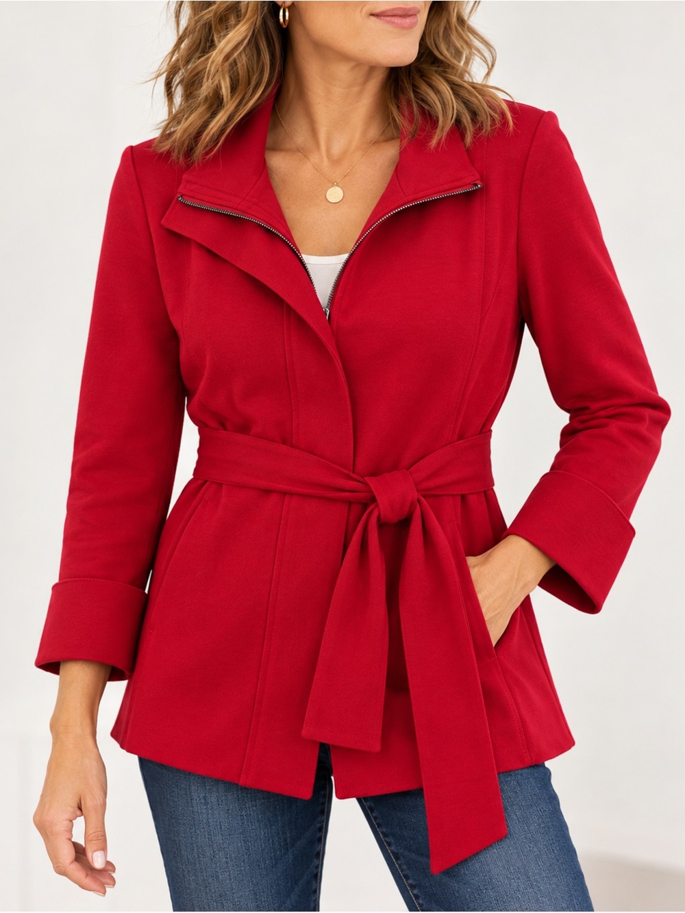 Luli Red Belted Moto Jacket | Women’s Medium | Zip Front